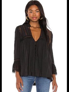 Free People FP One Adella Lace Inset Boho Blouse Black Size XS NWT